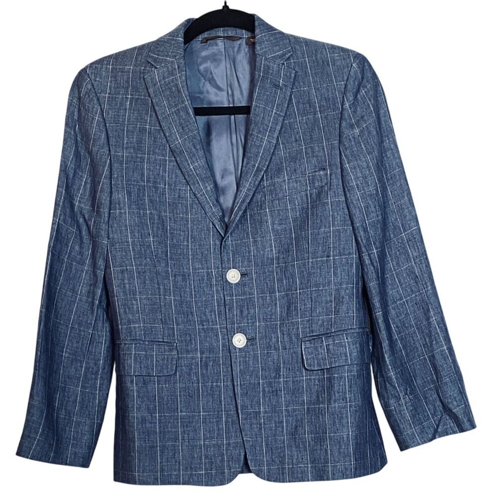 Michael Kors Blue Windowpane Linen Blazer Womens 14R Tailored Fully Lined 2 Butt